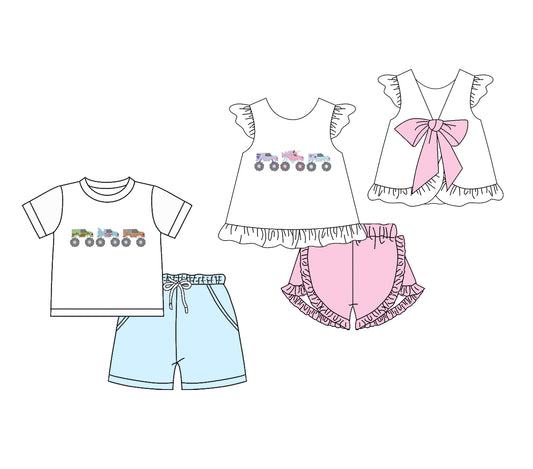 26.1.20 Custom MOQ:3 or 5 pcs each design milk silk Sibling baby boy girl clothes short sleeve shorts sets 2