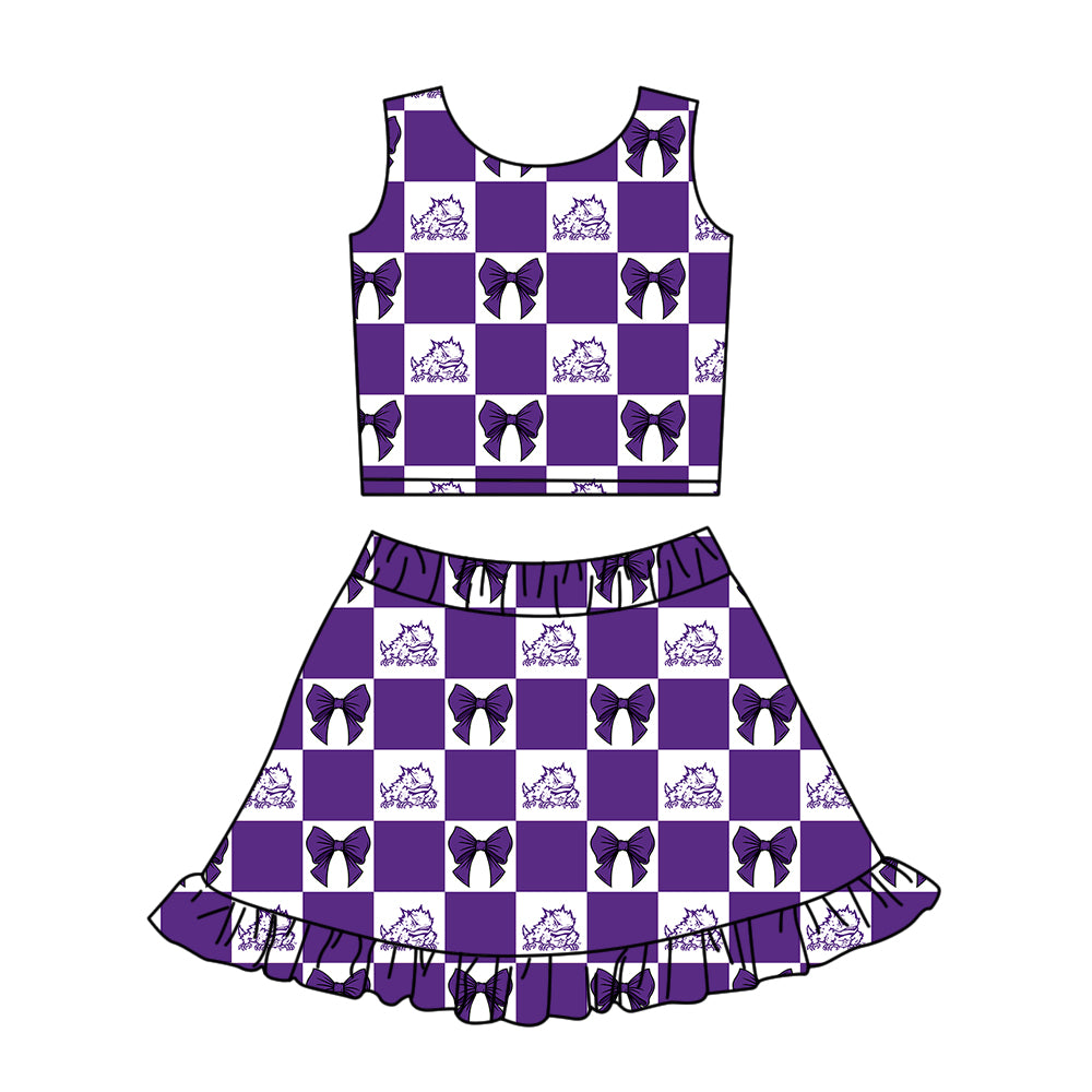 Custom MOQ 3 or 5 pcs Team Design Girl Summer Purple TCU Bows Plaid Top Ruffle Skirt Short Team Clothes Sets