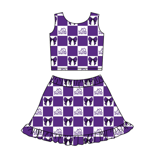 Custom MOQ 3 or 5 pcs Team Design Girl Summer Purple TCU Bows Plaid Top Ruffle Skirt Short Team Clothes Sets