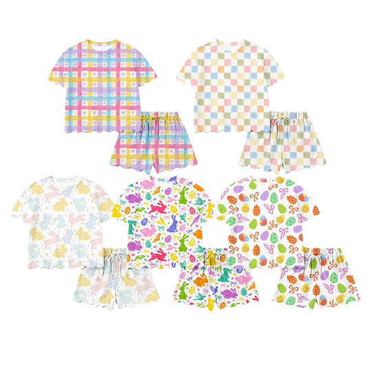 26.1.14 Custom MOQ:3 or 5 pcs each design milk silk Sibling baby boy girl clothes bow short sleeve shorts sets 5