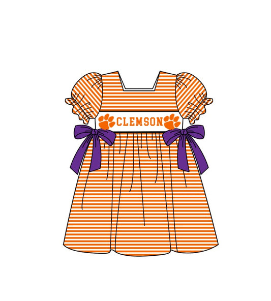 1.31 Custom Order Moq 3 Baby Girl Clemson Orange Team Bows Stripe Ruffle Knee Length Dresses