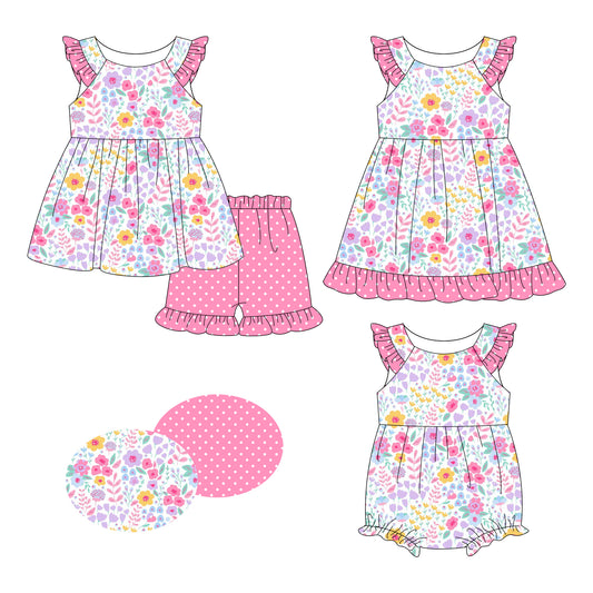 26.1.8 Custom MOQ:3 or 5 pcs each design milk silk Sibling baby girl clothes floral short sleeve shorts sets and dress and romper
