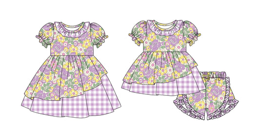 26.1.10 Custom MOQ:3 or 5 pcs each design milk silk Sibling baby girl clothes floral short sleeve shorts sets and dress