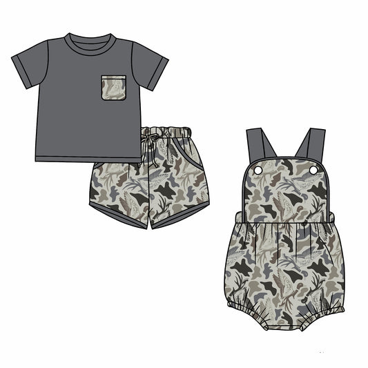 26.1.1 Custom MOQ:3 or 5 pcs each design milk silk Sibling baby boy clothes camouflage duck short sleeve shorts sets and romper