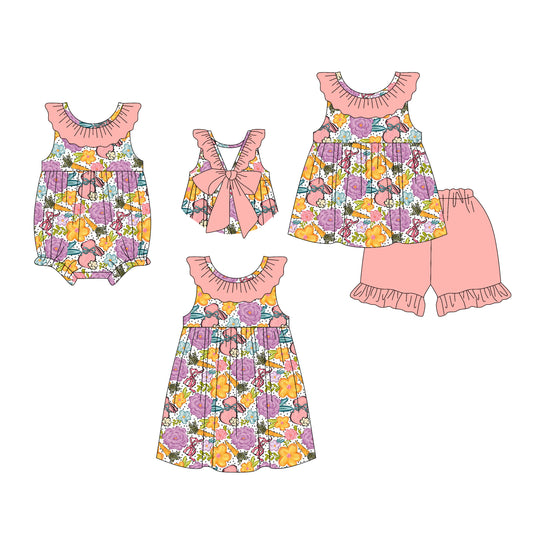 26.1.13 Custom MOQ:3 or 5 pcs each design milk silk Sibling baby girl clothes floral short sleeve shorts sets and dress and romper