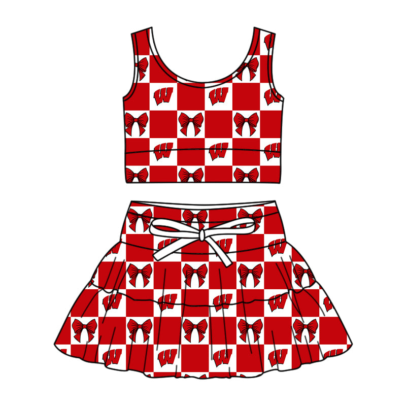 Custom Milk Silk Order MOQ:3 or 5 pcs Each Design Team State Girl Summer Bow Red Sleeveless Skirts Sets-26.1.23