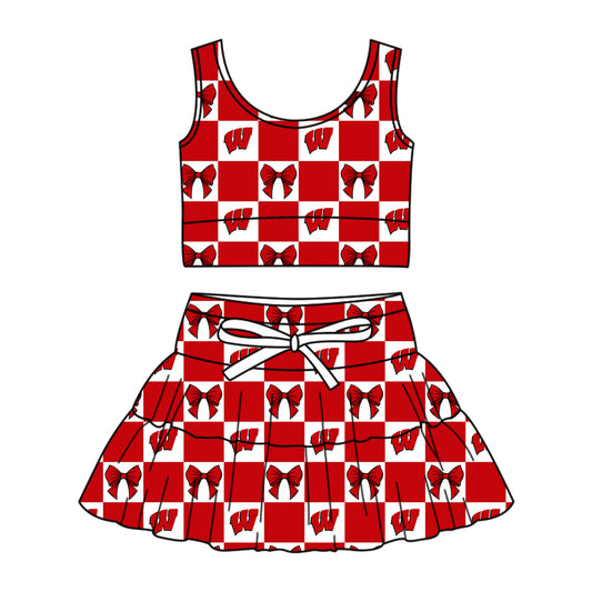 Custom Milk Silk Order MOQ:3 or 5 pcs Each Design Team State Girl Summer Bow Red Sleeveless Skirts Sets-26.1.23