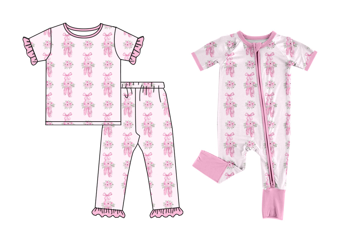 26.1.3 Custom MOQ:3 or 5 pcs each design milk silk Sibling baby girl clothes ballet shoes bow floral pink short sleeve pants sets and romper
