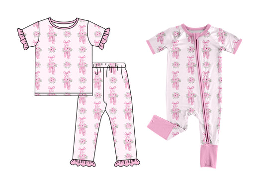 26.1.3 Custom MOQ:3 or 5 pcs each design milk silk Sibling baby girl clothes ballet shoes bow floral pink short sleeve pants sets and romper