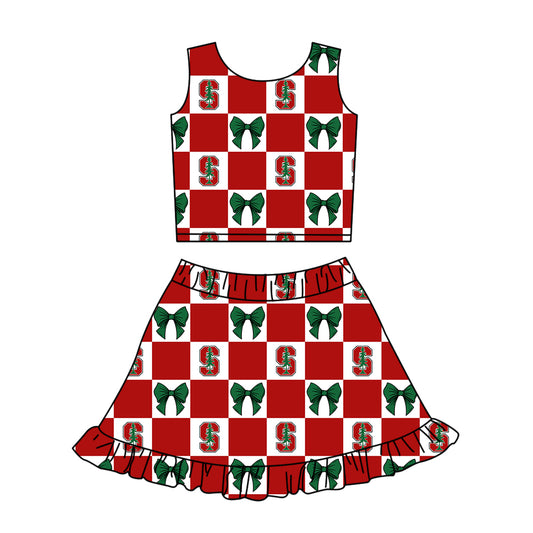 1.28 Custom Moq 3 Baby Girl Stanford Bows Plaid Top Ruffle Skirt Short Team Clothes Sets