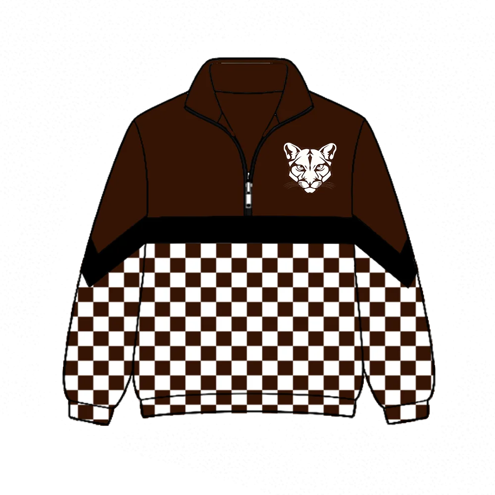 Custom Order Baby Boys Brown Black Checked Long Sleeve WSU Zip Team Pullovers Top