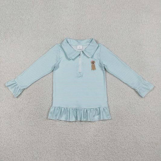 RTS NO MOQ(In Stock) GT1543 Embroidered Bow Pattern Puppy Blue-Green Striped Zipper Long-Sleeve Top