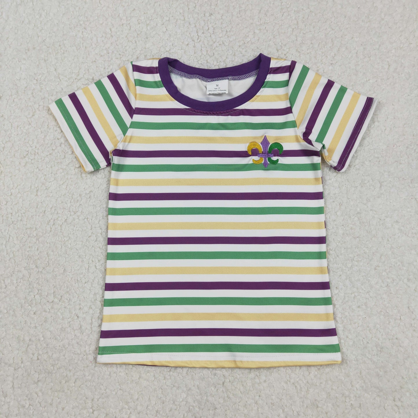 RTS NO MOQ（In Stock) BT1437 Embroidered Carnival Pattern Striped Short-Sleeve Top