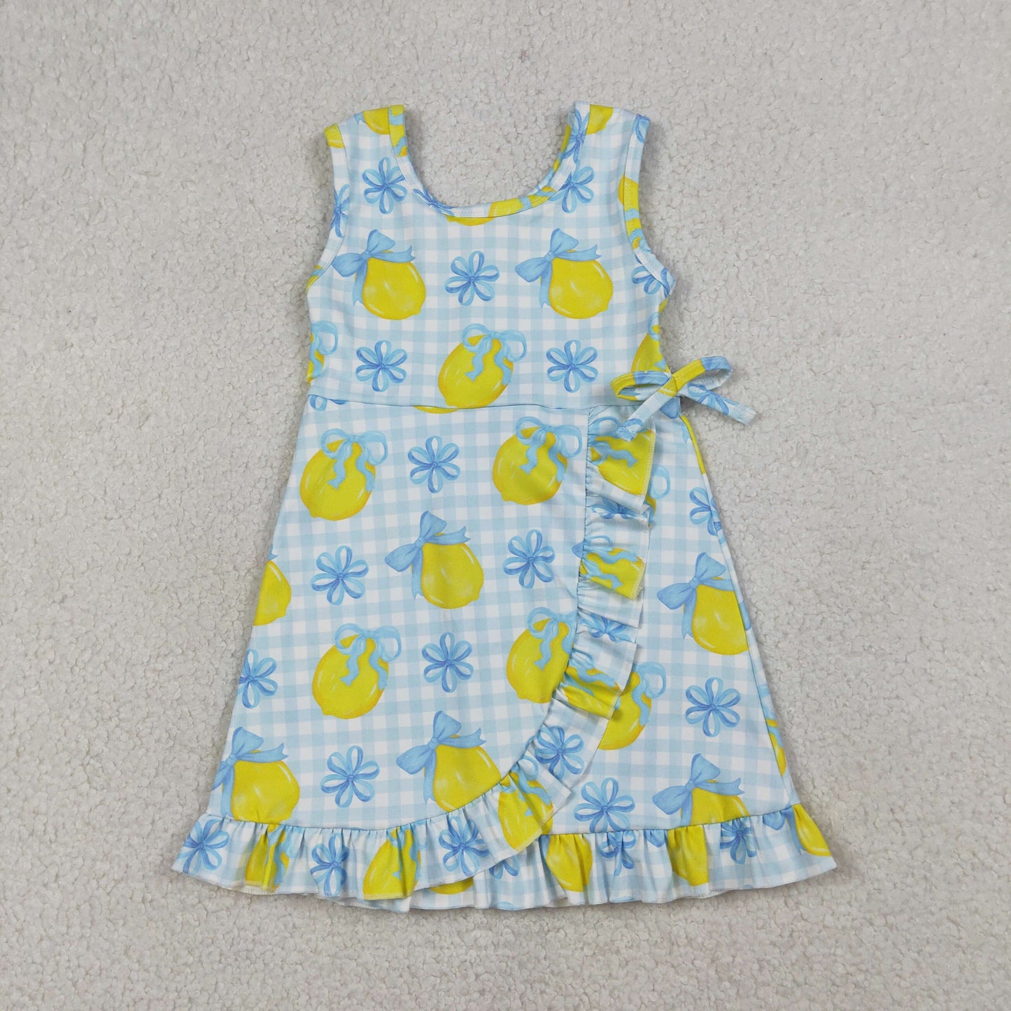 GSD3684 Kids Baby Girl Blue Checked Bow Lemons Back Zipper Yoga Active Shorts Ruffle Knee Length Dress