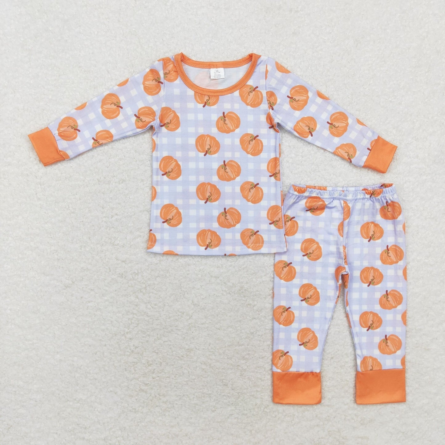 BLP0584 Bamboo pumpkin blue plaid long sleeve pants pajama set