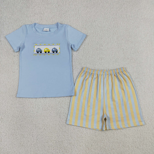 BSSO0617 Kids Embroidery Cars Baby Boys Blue Shirt Top Stripe Shorts Clothes Sets