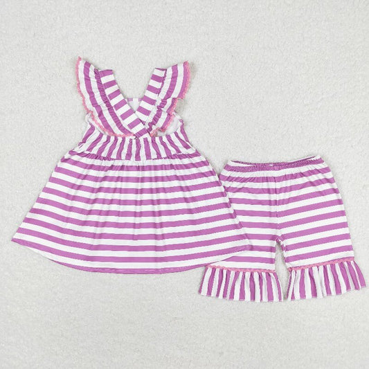 GSSO0734 Colorful ice cream purple and white striped flying sleeve shorts set