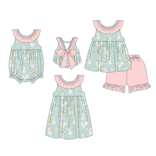 26.1.5 Custom MOQ:3 or 5 pcs each design milk silk Sibling baby girl clothes easter short sleeve shorts sets and dress and romper