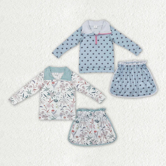 L-3.3 Sibling Baby Girls Spring Flowers Zip Top Ruffle Skort Short Clothes Sets