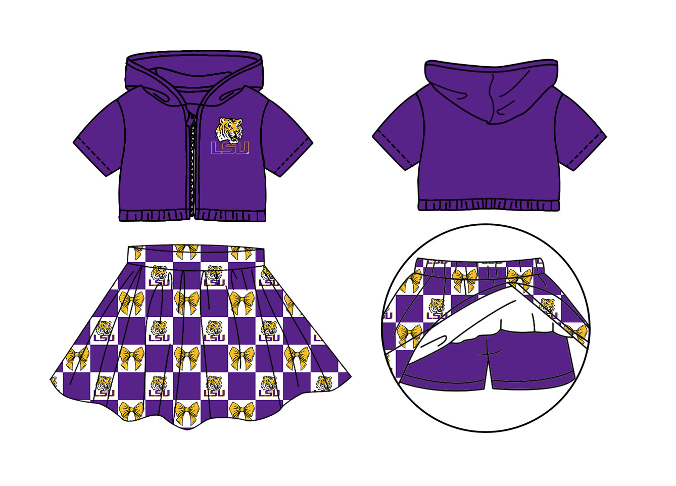 Custom Milk Silk Order MOQ:3 or 5 pcs Each Design Team State Girl Summer Bow Purple Zipper Hooded Short Sleeve Short Skirts Sets-26.1.19
