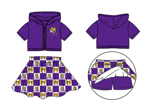 Custom Milk Silk Order MOQ:3 or 5 pcs Each Design Team State Girl Summer Bow Purple Zipper Hooded Short Sleeve Short Skirts Sets-26.1.19