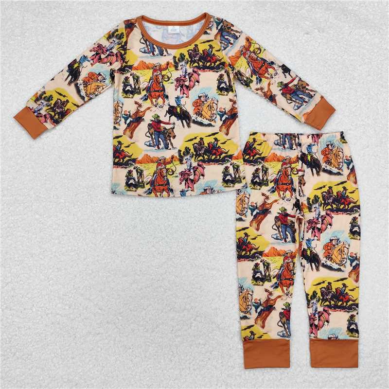 BLP0511 Baby Boys Rodeo Brown Western Tops Pants Pajamas Outfits Set