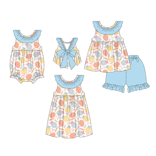 26.1.13 Custom MOQ:3 or 5 pcs each design milk silk Sibling baby girl clothes easter bow short sleeve shorts sets and dress and romper