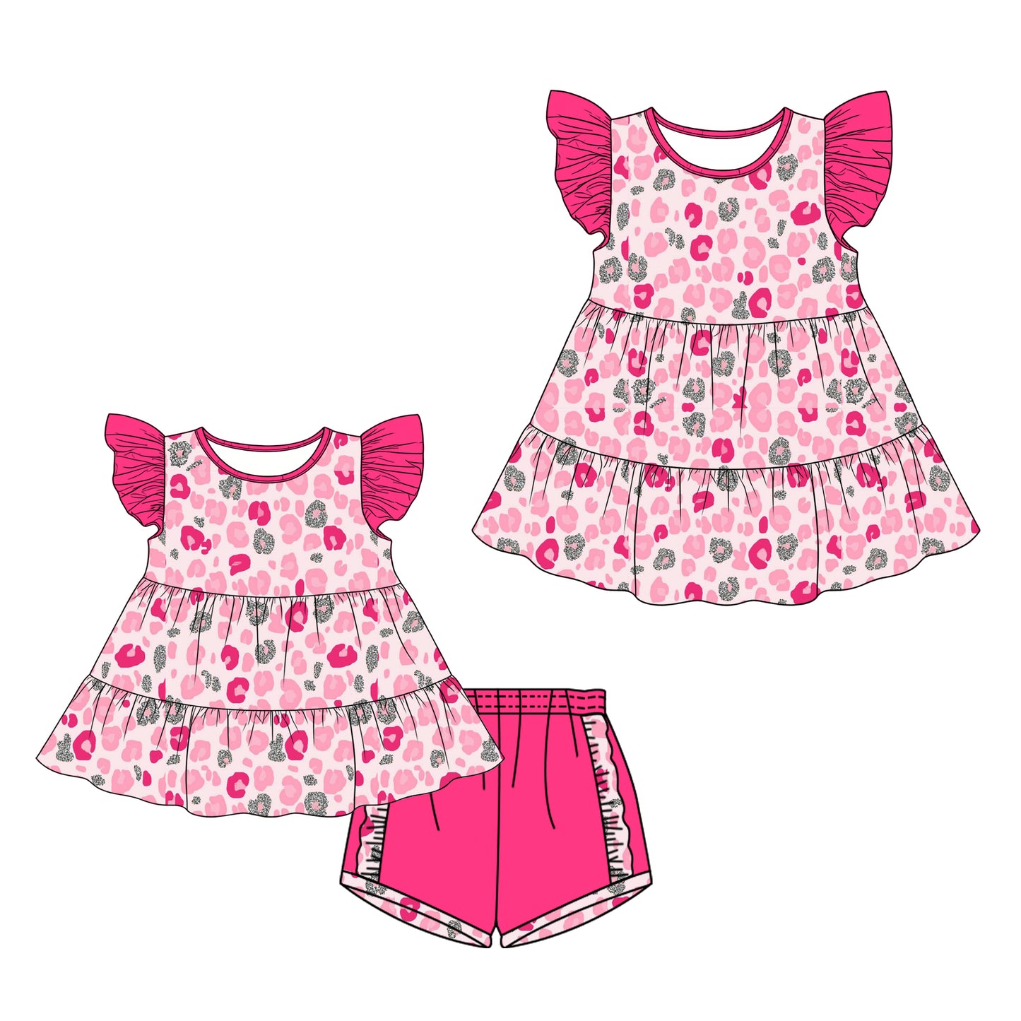 26.1.19 Custom MOQ:3 or 5 pcs each design milk silk Sibling baby girl clothes leopard short sleeve shorts sets and dress