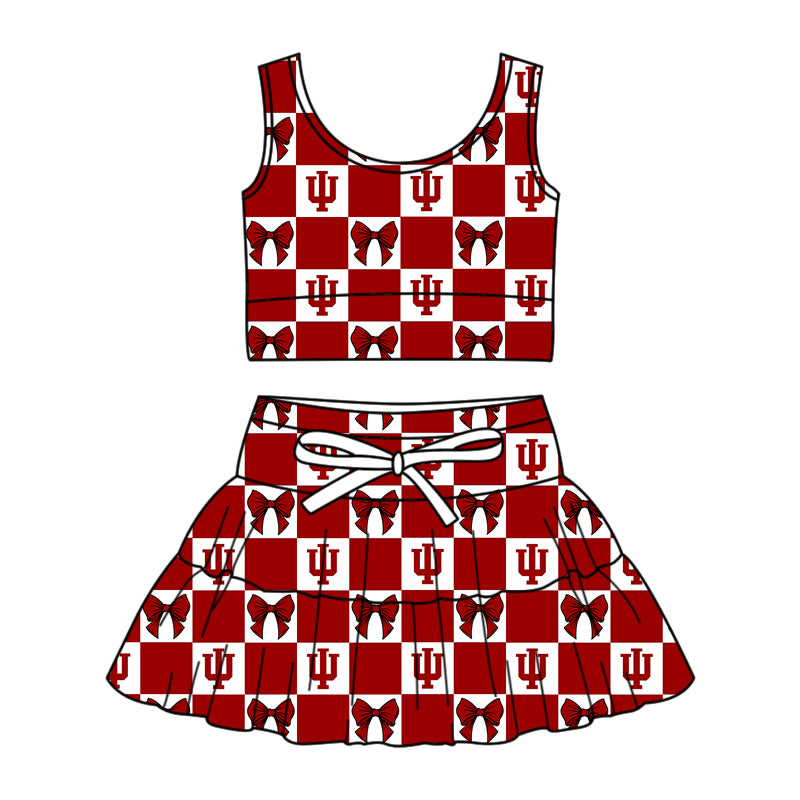 Custom Milk Silk Order MOQ:3 or 5 pcs Each Design Team State Girl Summer Bow Red Sleeveless Skirts Sets-26.1.21