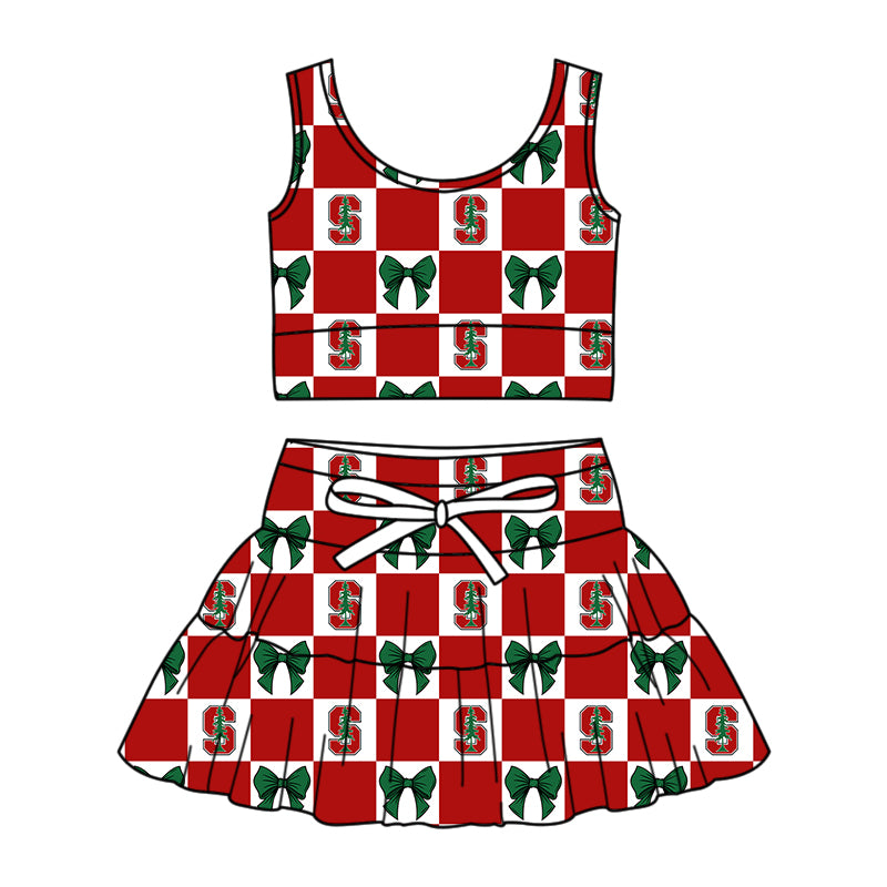 1.28 Custom Moq 3 Baby Girl Summer Stanford Bow Plaid Vests Top Skirt Short Team Clothes Sets