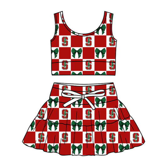 1.28 Custom Moq 3 Baby Girl Summer Stanford Bow Plaid Vests Top Skirt Short Team Clothes Sets