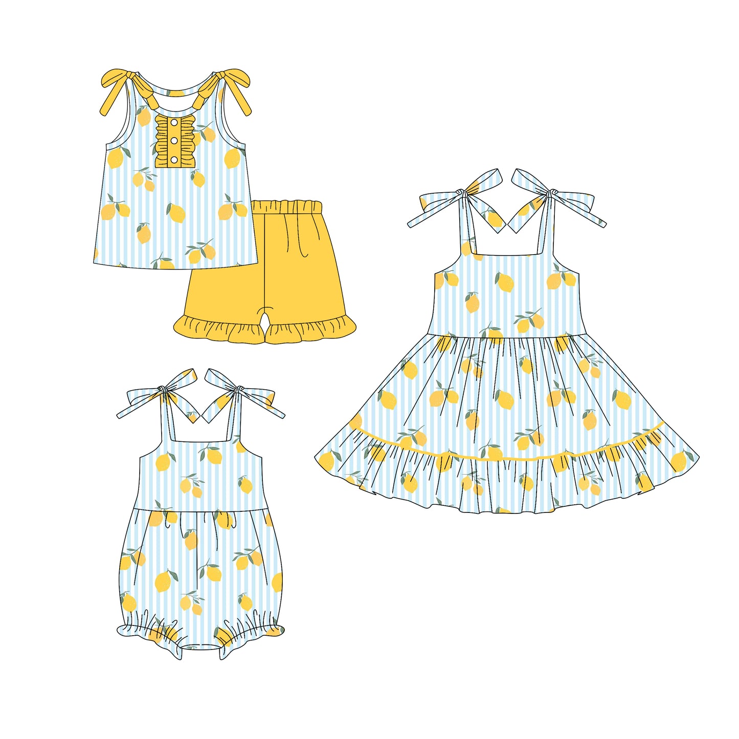 26.1.17 Custom (Moq 3 or 5) Sibling Baby Girl lemon Short Sleeve Shorts Sets Kids Dress Romper