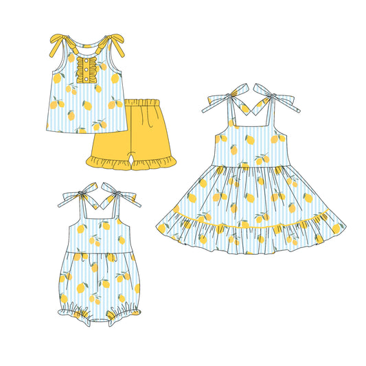 26.1.17 Custom (Moq 3 or 5) Sibling Baby Girl lemon Short Sleeve Shorts Sets Kids Dress Romper