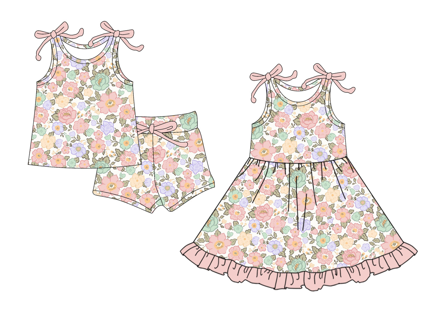 26.1.8 Custom MOQ:3 or 5 pcs each design milk silk Sibling baby girl clothes floral short sleeve shorts sets and dress
