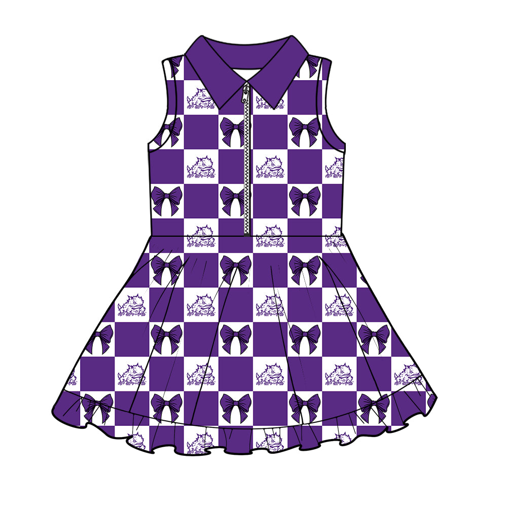 Custom MOQ 3 or 5 pcs Team Design Girl Summer Purple TCU Bows Plaid Sleeveless Dress