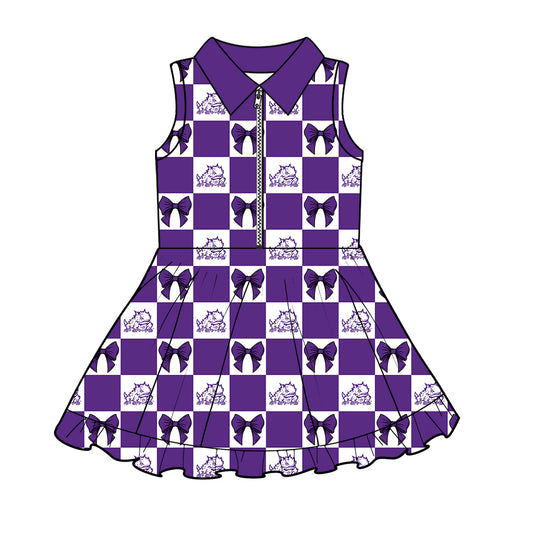 Custom MOQ 3 or 5 pcs Team Design Girl Summer Purple TCU Bows Plaid Sleeveless Dress