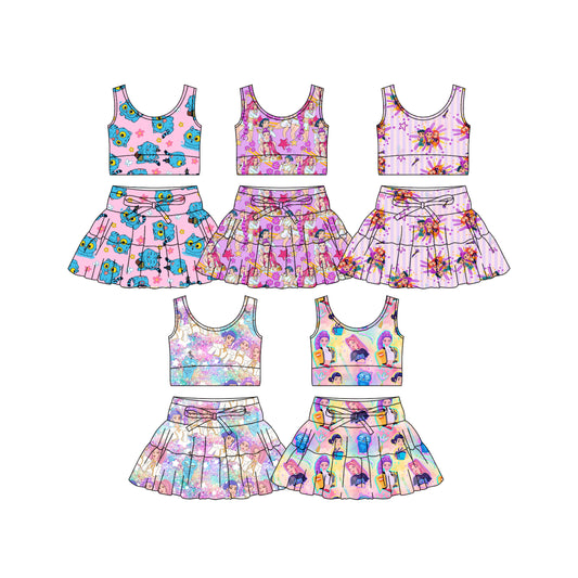26.1.7 Custom MOQ:3 or 5 pcs each design milk silk Sibling baby girl clothes cartoon short sleeve skirts sets 5