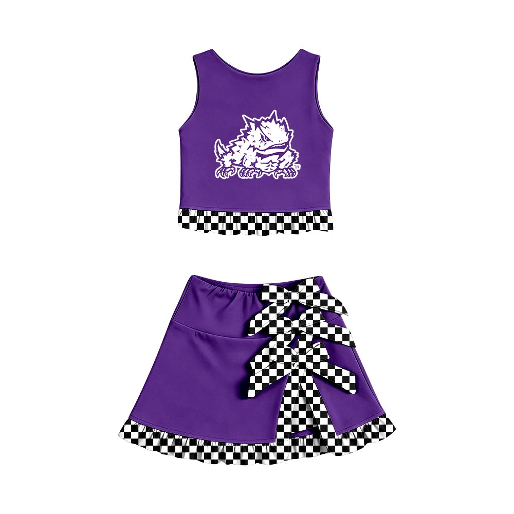 Custom Order Baby Girls Tcu Horned Vest Top Bows Skirt Short Team Clothes Sets