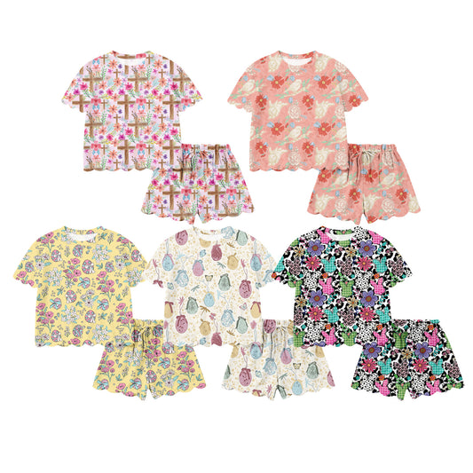26.1.14 Custom MOQ:3 or 5 pcs each design milk silk Sibling baby boy girl clothes easter short sleeve shorts sets 5