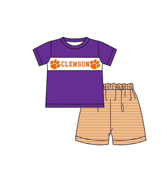 1.31 Custom Order Moq 3 Baby Boy Clemson Orange Team Tunic Top Stripe Shorts Clothes Sets