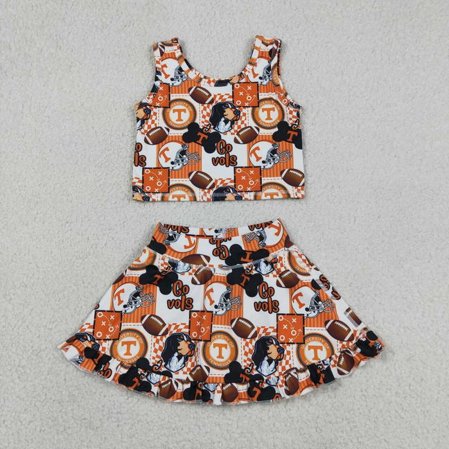 GSD3613 Kids Baby Girls Footballs Go Vols Vest Ruffle Skirt Short Team Yoga Active Clothes Sets