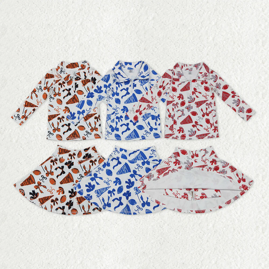 Sibling baby girl clothes Football Trumpet Bow Pattern long sleeve top Yoga Skirts sets