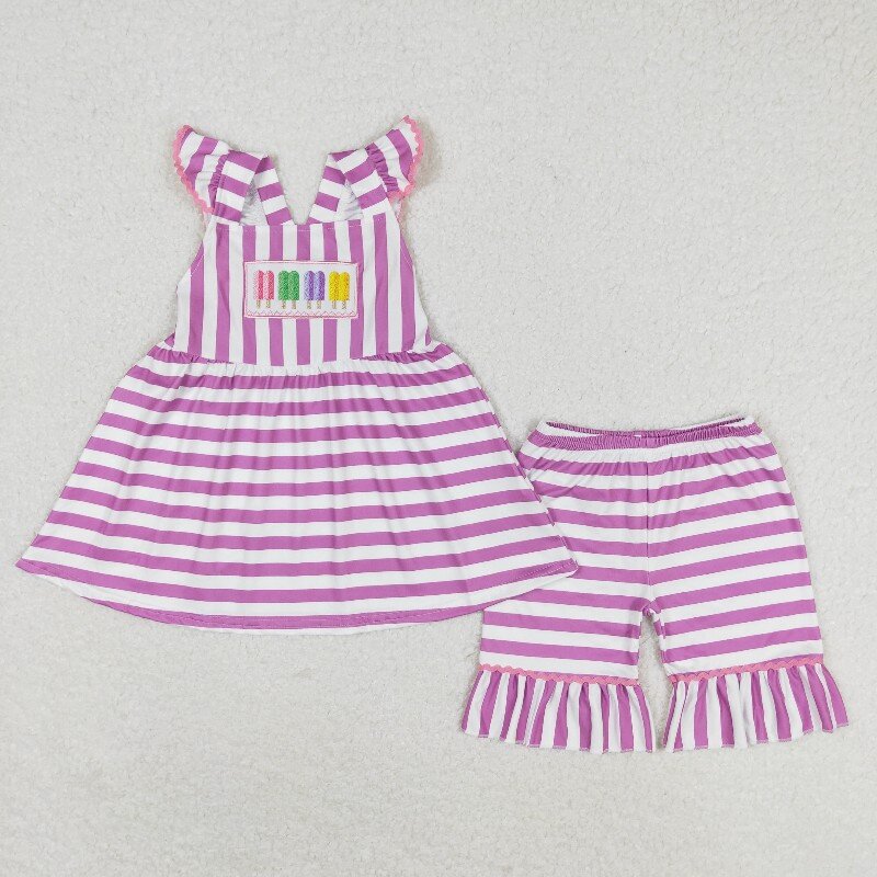 GSSO0734 Colorful ice cream purple and white striped flying sleeve shorts set