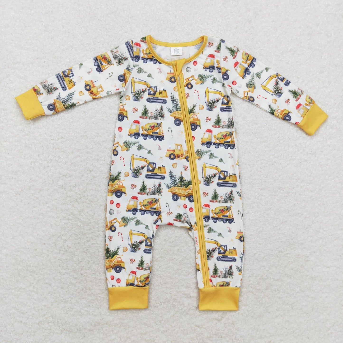 LR1332 Bamboo Christmas tree engineering truck beige zipper long sleeve onesie