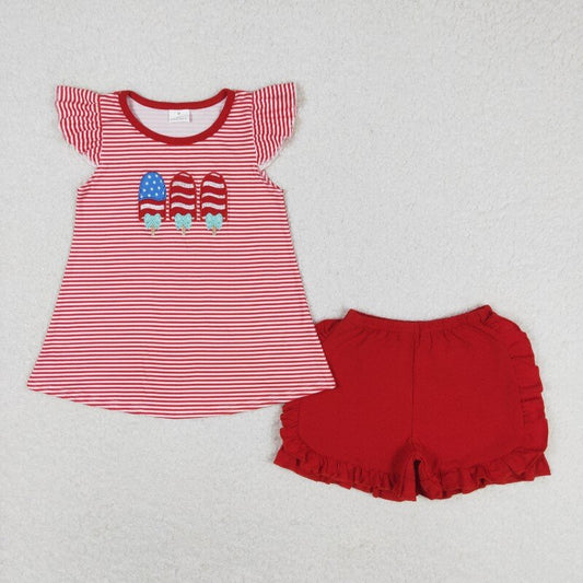 GSSO0759 4th of July Embroidered bow Star striped ice cream striped flying sleeve red shorts set