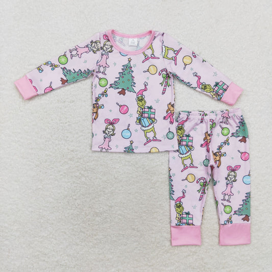 GLP1220 Bamboo Christmas Tree Girls pink long sleeve pants pajama set