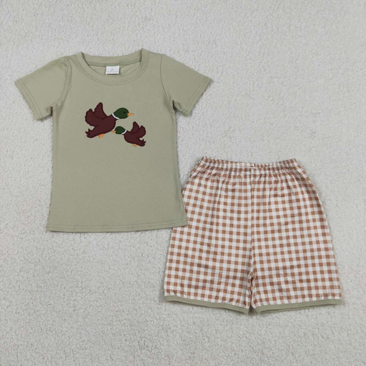 BSSO1867 Kids Embroidery Ducks Baby Boys Top Checked Shorts Hunting Clothes Sets