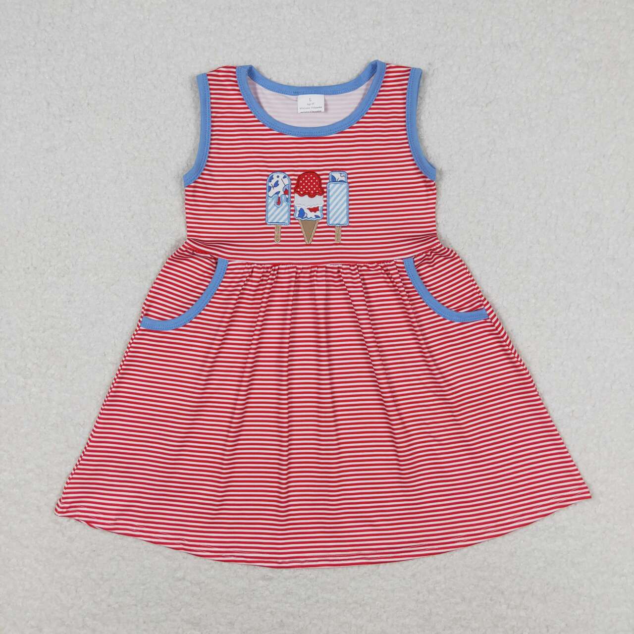 GSD0821 4th of July Embroidered ice cream ice cream red and white striped sleeveless dress