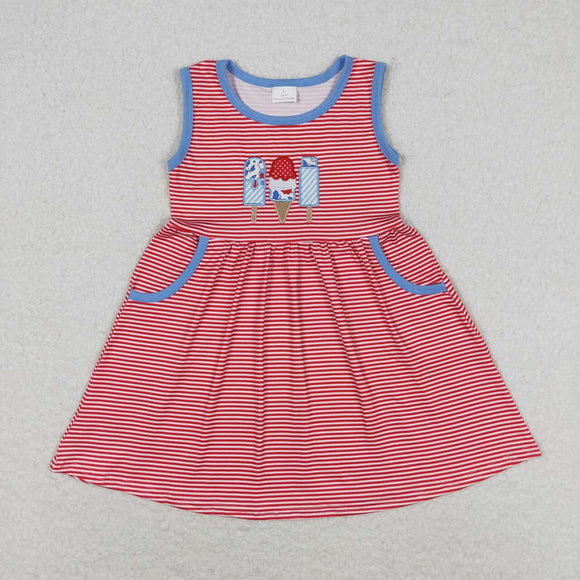 GSD0821 4th of July Embroidered ice cream ice cream red and white striped sleeveless dress