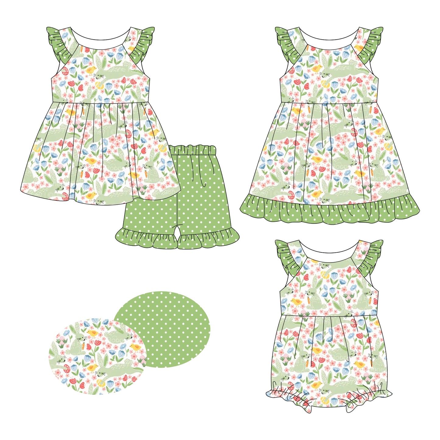 26.1.8 Custom MOQ:3 or 5 pcs each design milk silk Sibling baby girl clothes bunny floral short sleeve shorts sets and dress and romper